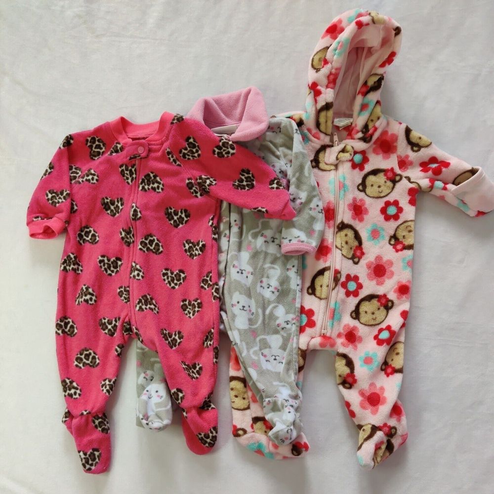 Lot of 3 Mix Brands Fleece Baby Girls Pink Cats Monkeys Heart Pajamas 3-6 Months